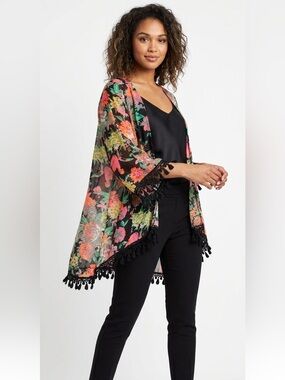 Sans Souci Multi-Colour Sheer Kimono with Black Crochet Tassel Trim Size Small